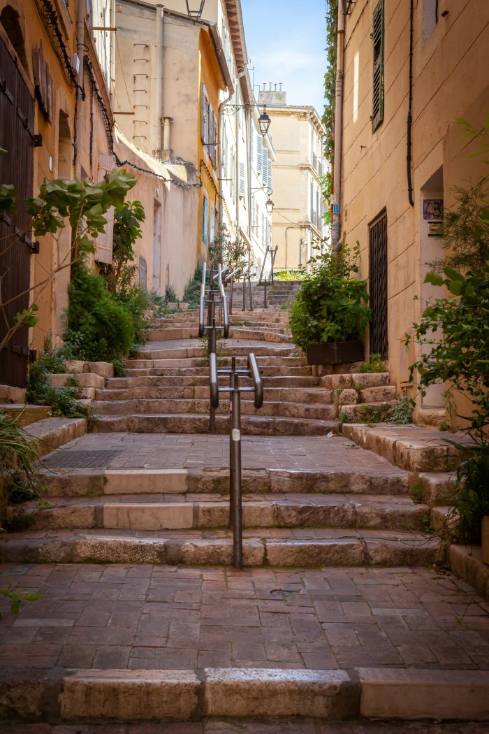 Historic stone stairs in Marseille leading through old town