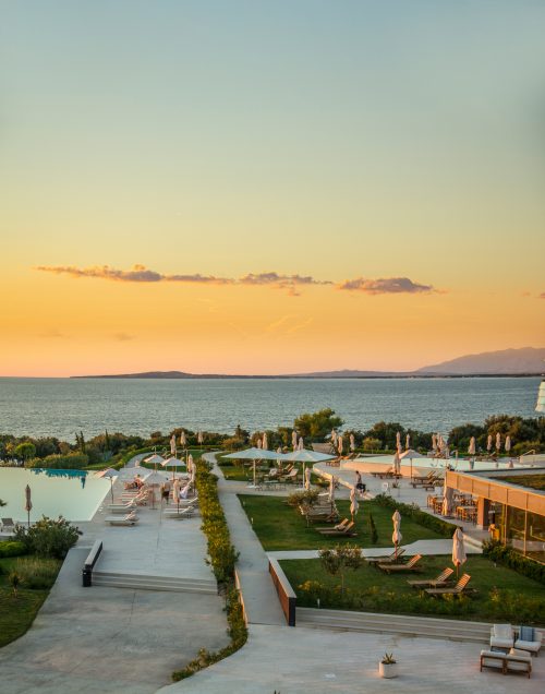 Panoramic view of Zadar, Croatia with red-roofed houses and the Adriatic Sea in the background