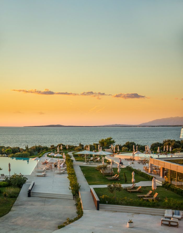 Panoramic view of Zadar, Croatia with red-roofed houses and the Adriatic Sea in the background