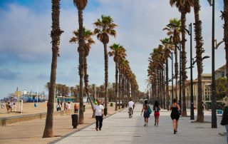 Sunny beach in Valencia, Spain with golden sand, palm trees, and clear blue waters