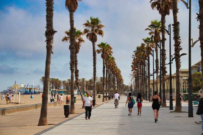 Sunny beach in Valencia, Spain with golden sand, palm trees, and clear blue waters